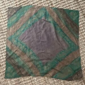 100% Silk Hand Rolled Square Scarf Green Taupe Abstract Watercolor 30x30